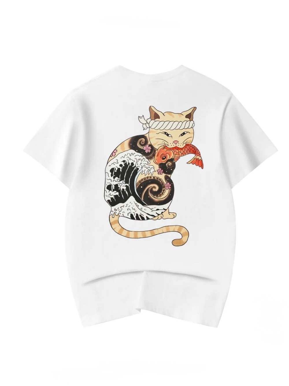 Niepce White Short-Sleeve Tee with Cat & Koi Illustration, (YET015)